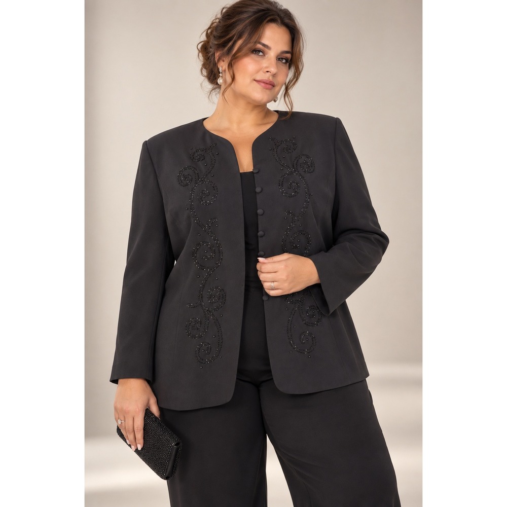 Plus Size 22W Black Beaded Evening Jacket Embroidered Collarless Blazer